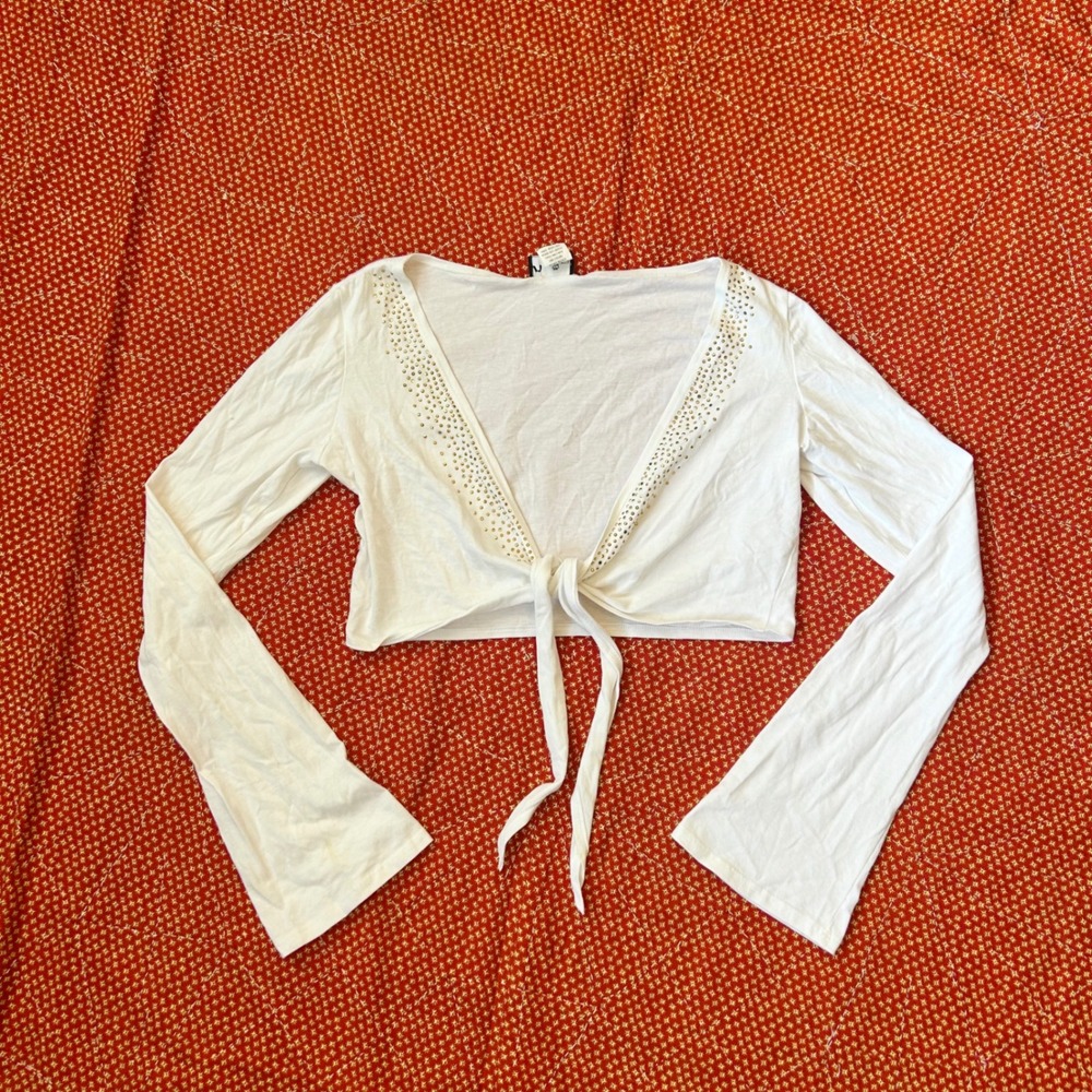 Rave vintage 2000s White Studded Tie Front Crop Top bell Sleeve Y2K Size M